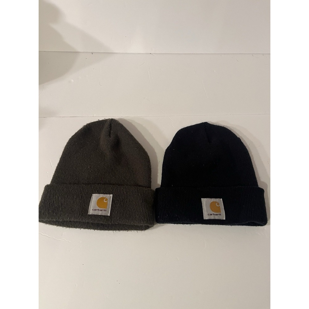 Lot of 2 Carhartt Knit Beanies Watch Caps Black Brown Logo Patch Winter Hats